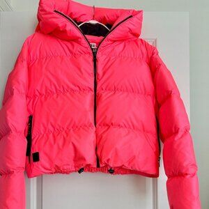 Women's BACON Hooded Goose Down Puffer Jacket in Neon Pink Size S